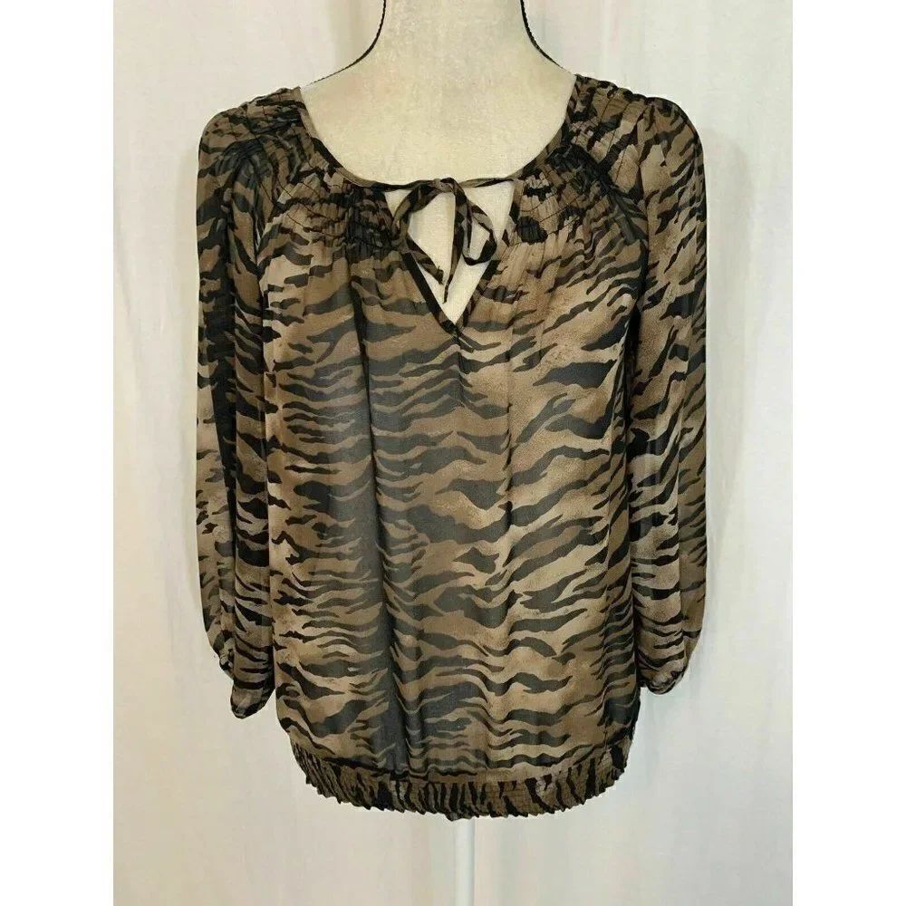 Zara Womens Brown Black Sheer Tiger Print Long Sleeve Top Blouse Xs